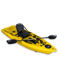 RotoCraft 9.5 foot single pedal drive kayak, angle view with paddle - solar yellow