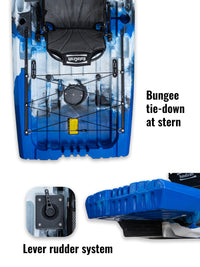 RotoCraft 9.5 foot single pedal drive kayak, bungee tie down system, lever rudder system - oceana blue with white