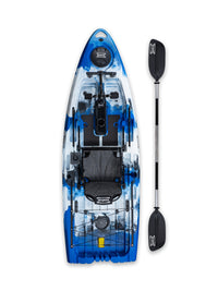 RotoCraft 9.5 foot single pedal drive kayak, overhead view with paddle - oceana blue with white