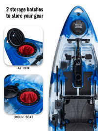 RotoCraft 9.5 foot single pedal drive kayak, storage hatches - oceana blue with white