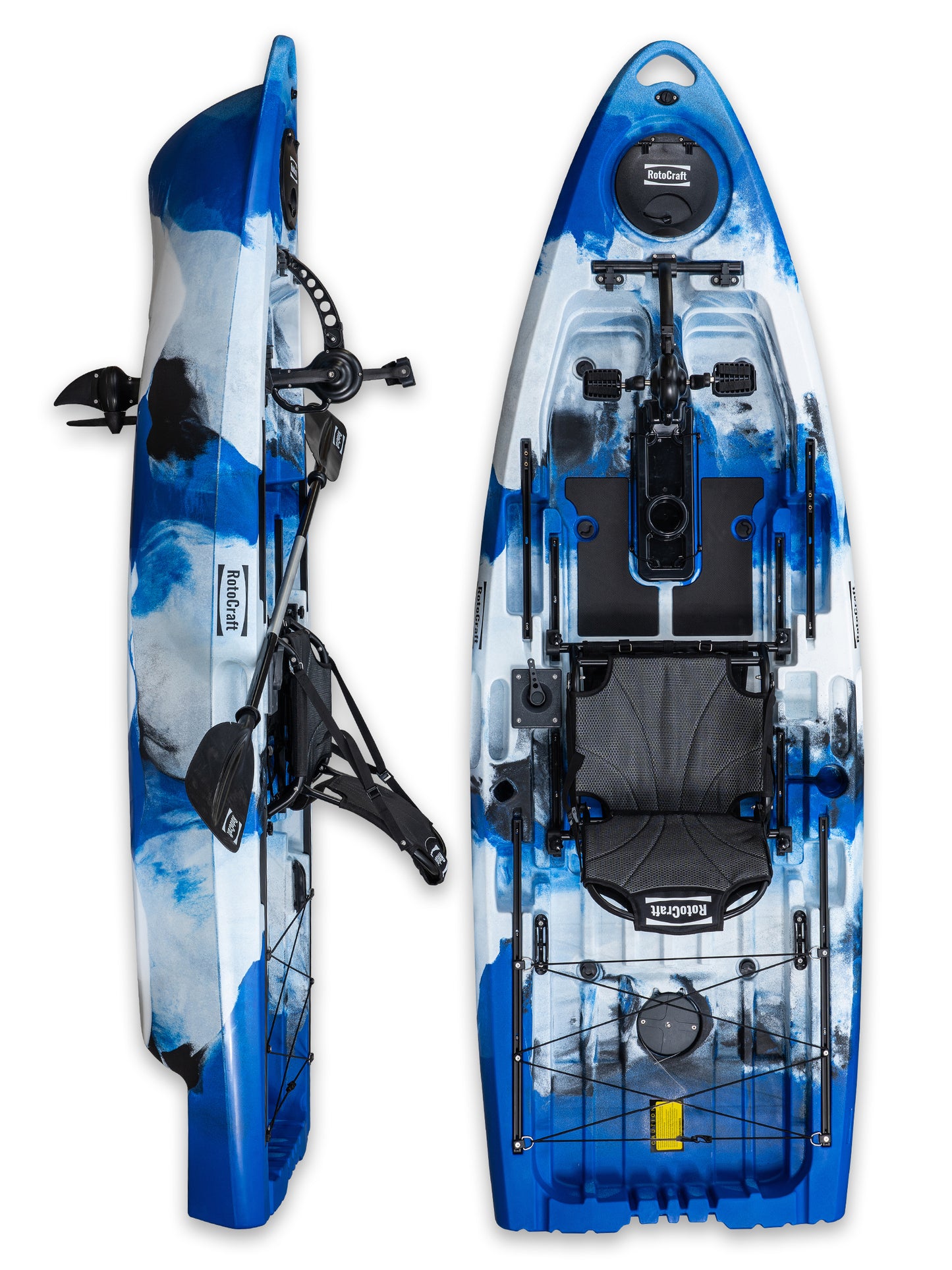 RotoCraft 9.5 foot single pedal drive kayak, vertical and side views - oceana blue with white